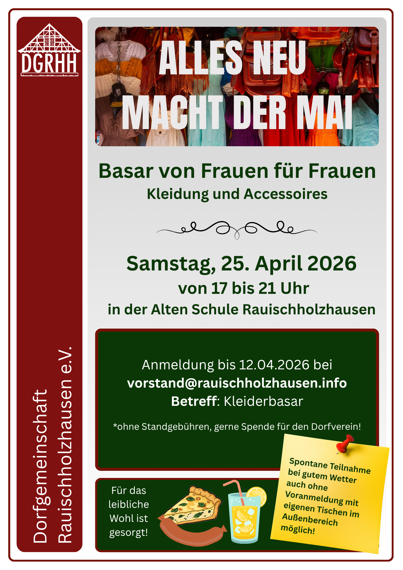 Basar von Frauen für Frauen - Kleidung und Accessoires in der Alten Schule RHH am 25.4.26